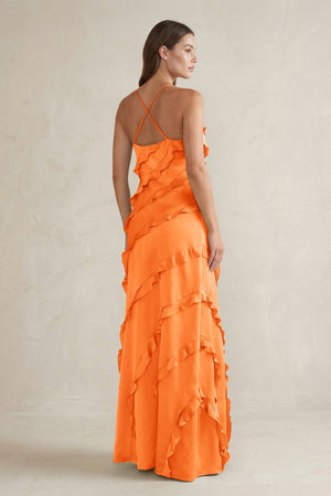 Spaghetti Straps Sheath Stain Ruffled Bridesmaid Dress in Orange - KISS BRIDAL Bridesmaid Dresses