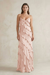 Spaghetti Straps Sheath Stain Ruffled Bridesmaid Dress in Pale Blush - KISS BRIDAL Bridesmaid Dresses