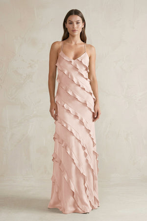 Spaghetti Straps Sheath Stain Ruffled Bridesmaid Dress in Pale Blush - KISS BRIDAL Bridesmaid Dresses