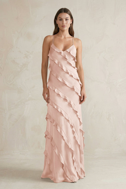 Spaghetti Straps Sheath Stain Ruffled Bridesmaid Dress in Pale Blush - KISS BRIDAL Bridesmaid Dresses