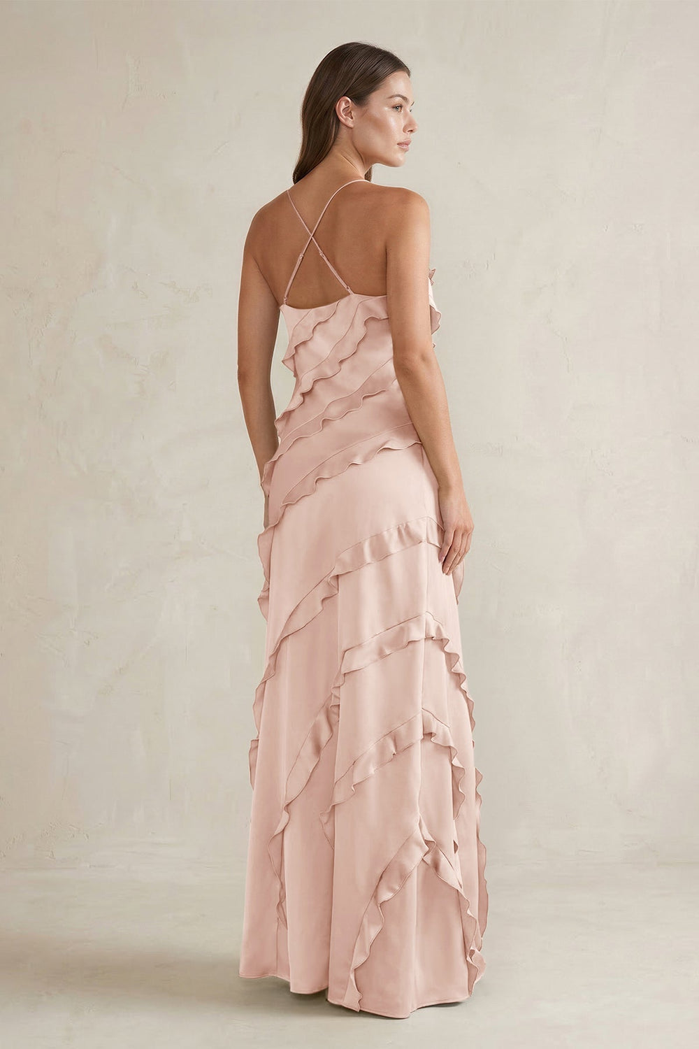 Spaghetti Straps Sheath Stain Ruffled Bridesmaid Dress in Pale Blush - KISS BRIDAL Bridesmaid Dresses