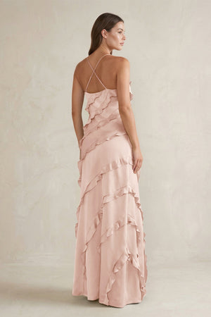 Spaghetti Straps Sheath Stain Ruffled Bridesmaid Dress in Pale Blush - KISS BRIDAL Bridesmaid Dresses