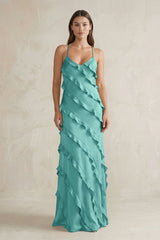 Spaghetti Straps Sheath Stain Ruffled Bridesmaid Dress in Pale Pistachio - KISS BRIDAL Bridesmaid Dresses