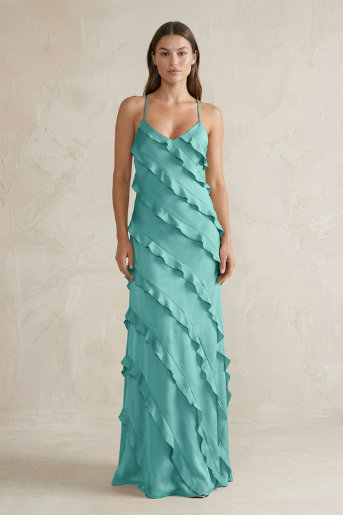 Spaghetti Straps Sheath Stain Ruffled Bridesmaid Dress in Pale Pistachio - KISS BRIDAL Bridesmaid Dresses