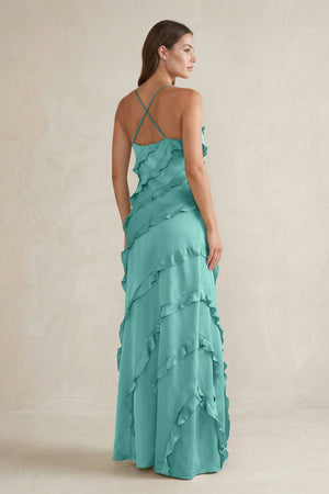 Spaghetti Straps Sheath Stain Ruffled Bridesmaid Dress in Pale Pistachio - KISS BRIDAL Bridesmaid Dresses