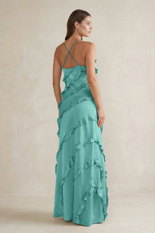 Spaghetti Straps Sheath Stain Ruffled Bridesmaid Dress in Pale Pistachio - KISS BRIDAL Bridesmaid Dresses