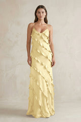 Spaghetti Straps Sheath Stain Ruffled Bridesmaid Dress in Pastel Yellow - KISS BRIDAL Bridesmaid Dresses