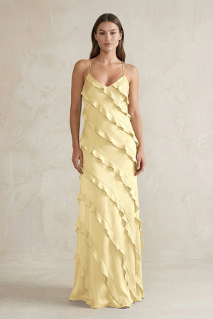Spaghetti Straps Sheath Stain Ruffled Bridesmaid Dress in Pastel Yellow - KISS BRIDAL Bridesmaid Dresses