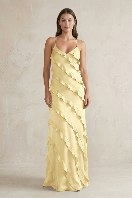 Spaghetti Straps Sheath Stain Ruffled Bridesmaid Dress in Pastel Yellow - KISS BRIDAL Bridesmaid Dresses