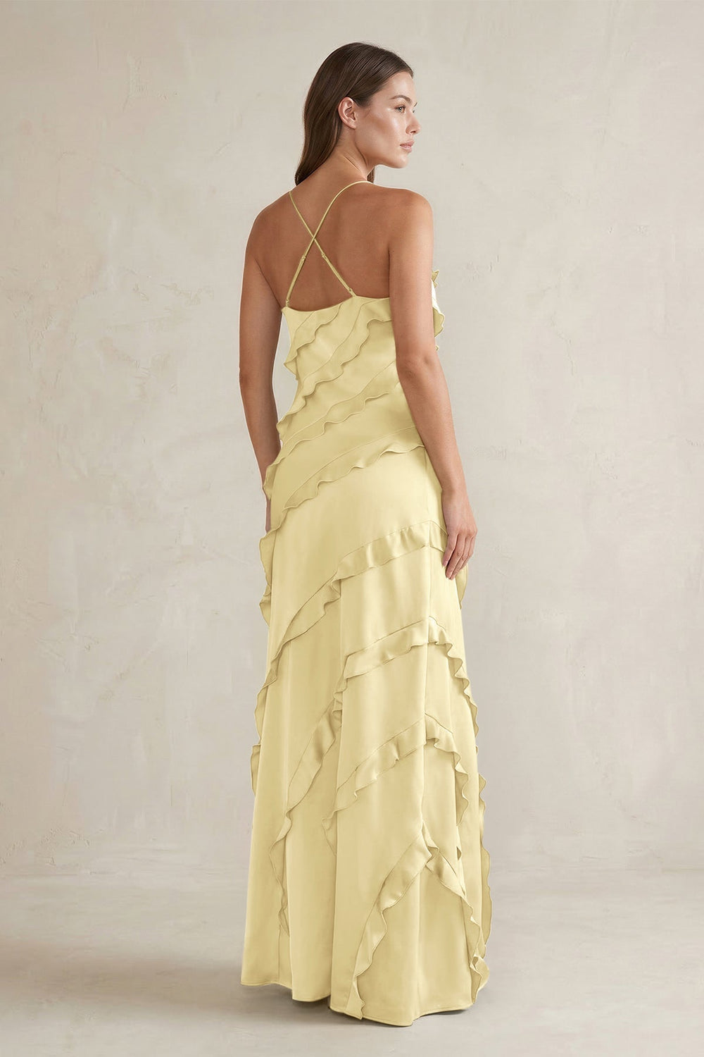 Spaghetti Straps Sheath Stain Ruffled Bridesmaid Dress in Pastel Yellow - KISS BRIDAL Bridesmaid Dresses