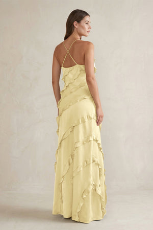 Spaghetti Straps Sheath Stain Ruffled Bridesmaid Dress in Pastel Yellow - KISS BRIDAL Bridesmaid Dresses