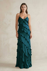Spaghetti Straps Sheath Stain Ruffled Bridesmaid Dress in Pine - KISS BRIDAL Bridesmaid Dresses