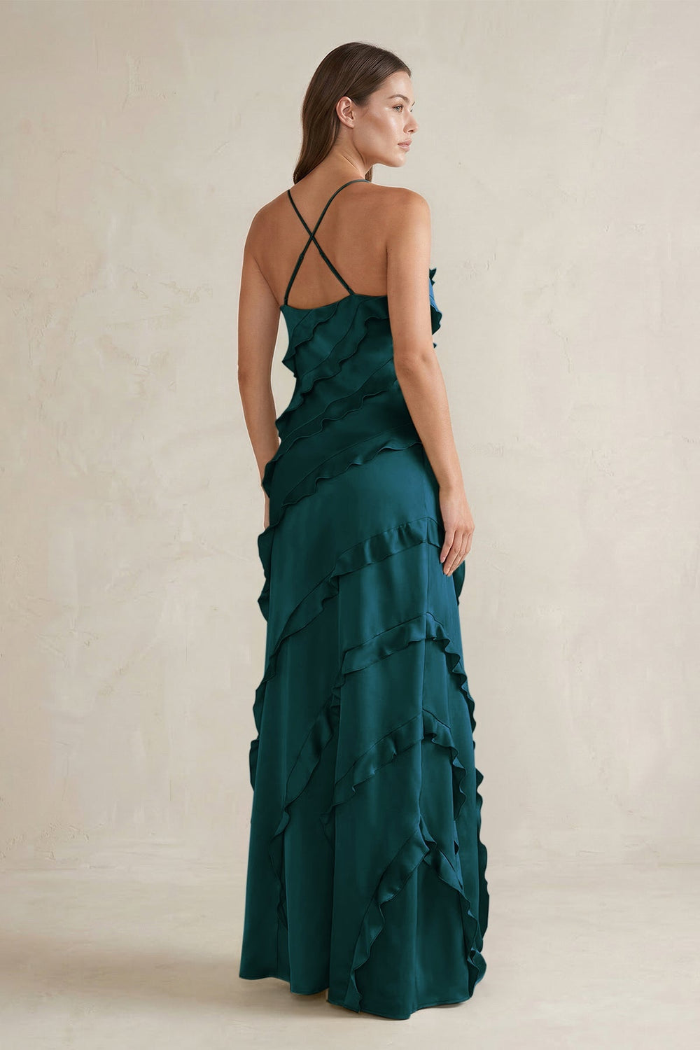 Spaghetti Straps Sheath Stain Ruffled Bridesmaid Dress in Pine - KISS BRIDAL Bridesmaid Dresses