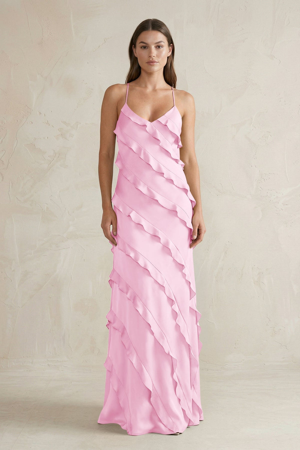 Spaghetti Straps Sheath Stain Ruffled Bridesmaid Dress in Pink - KISS BRIDAL Bridesmaid Dresses