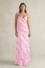 Spaghetti Straps Sheath Stain Ruffled Bridesmaid Dress in Pink - KISS BRIDAL Bridesmaid Dresses