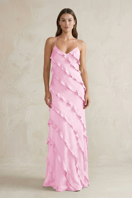 Spaghetti Straps Sheath Stain Ruffled Bridesmaid Dress in Pink - KISS BRIDAL Bridesmaid Dresses