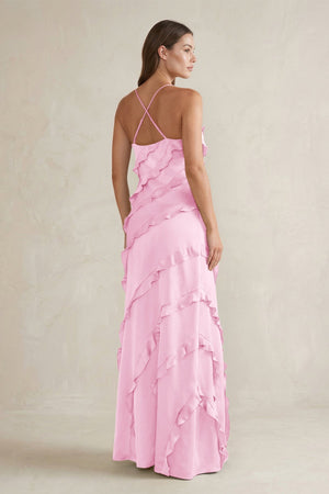 Spaghetti Straps Sheath Stain Ruffled Bridesmaid Dress in Pink - KISS BRIDAL Bridesmaid Dresses