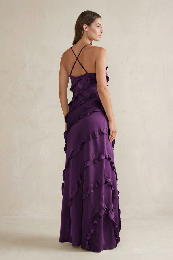 Spaghetti Straps Sheath Stain Ruffled Bridesmaid Dress in Plum - KISS BRIDAL Bridesmaid Dresses