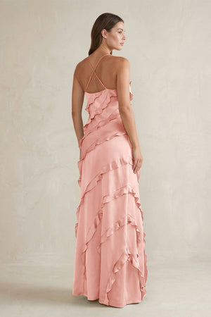 Spaghetti Straps Sheath Stain Ruffled Bridesmaid Dress in Rose Petal - KISS BRIDAL Bridesmaid Dresses