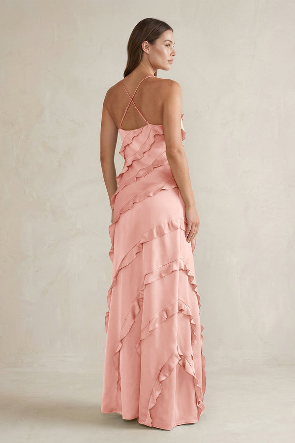 Spaghetti Straps Sheath Stain Ruffled Bridesmaid Dress in Rose Petal - KISS BRIDAL Bridesmaid Dresses