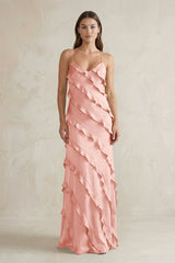Spaghetti Straps Sheath Stain Ruffled Bridesmaid Dress in Rose Petal - KISS BRIDAL Bridesmaid Dresses