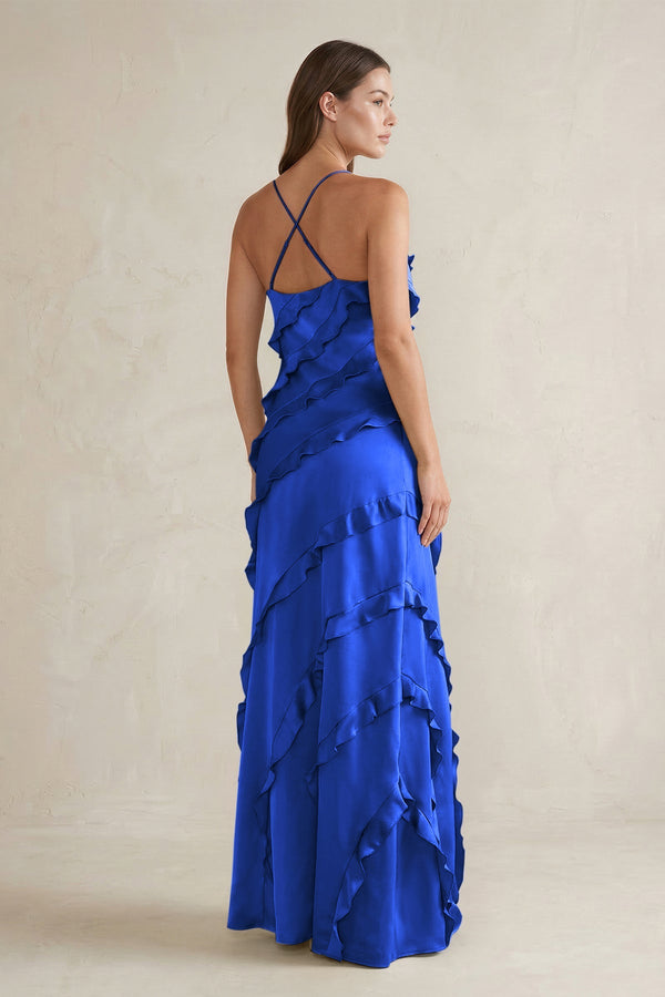 Spaghetti Straps Sheath Stain Ruffled Bridesmaid Dress in Royal Blue - KISS BRIDAL Bridesmaid Dresses