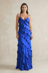 Spaghetti Straps Sheath Stain Ruffled Bridesmaid Dress in Royal Blue - KISS BRIDAL Bridesmaid Dresses