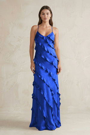 Spaghetti Straps Sheath Stain Ruffled Bridesmaid Dress in Royal Blue - KISS BRIDAL Bridesmaid Dresses