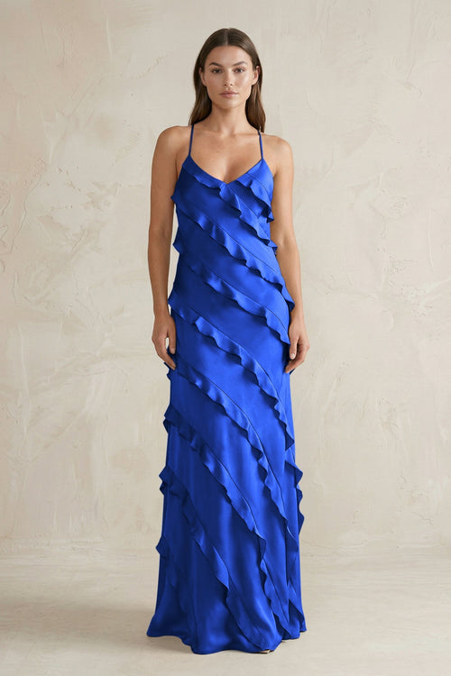 Spaghetti Straps Sheath Stain Ruffled Bridesmaid Dress in Royal Blue - KISS BRIDAL Bridesmaid Dresses