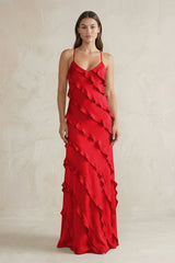 Spaghetti Straps Sheath Stain Ruffled Bridesmaid Dress in Ruby Red - KISS BRIDAL Bridesmaid Dresses