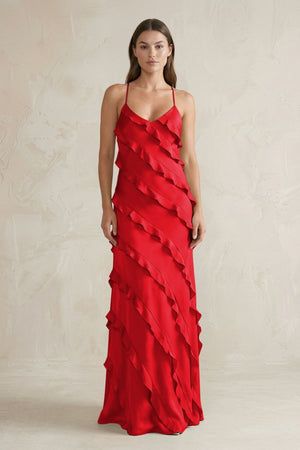 Spaghetti Straps Sheath Stain Ruffled Bridesmaid Dress in Ruby Red - KISS BRIDAL Bridesmaid Dresses
