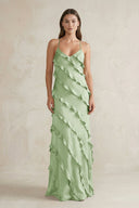 Spaghetti Straps Sheath Stain Ruffled Bridesmaid Dress in Sage - KISS BRIDAL Bridesmaid Dresses