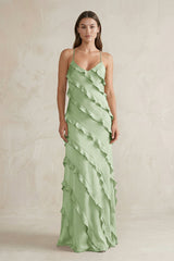 Spaghetti Straps Sheath Stain Ruffled Bridesmaid Dress in Sage - KISS BRIDAL Bridesmaid Dresses