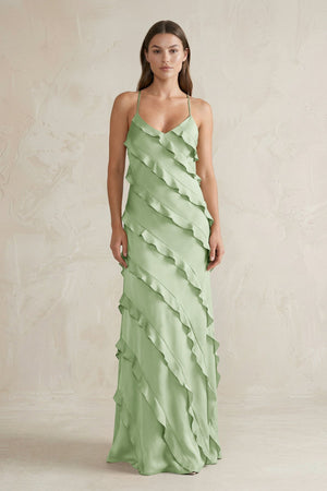 Spaghetti Straps Sheath Stain Ruffled Bridesmaid Dress in Sage - KISS BRIDAL Bridesmaid Dresses