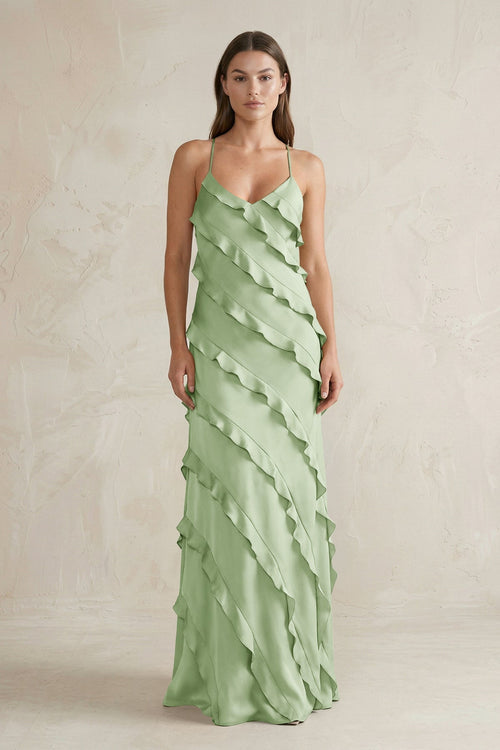Spaghetti Straps Sheath Stain Ruffled Bridesmaid Dress in Sage - KISS BRIDAL Bridesmaid Dresses