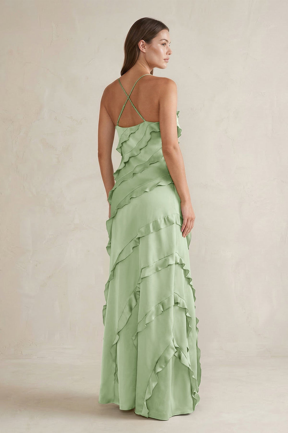 Spaghetti Straps Sheath Stain Ruffled Bridesmaid Dress in Sage - KISS BRIDAL Bridesmaid Dresses