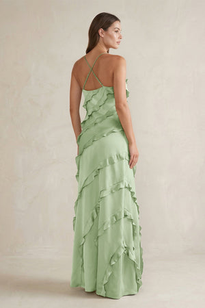 Spaghetti Straps Sheath Stain Ruffled Bridesmaid Dress in Sage - KISS BRIDAL Bridesmaid Dresses