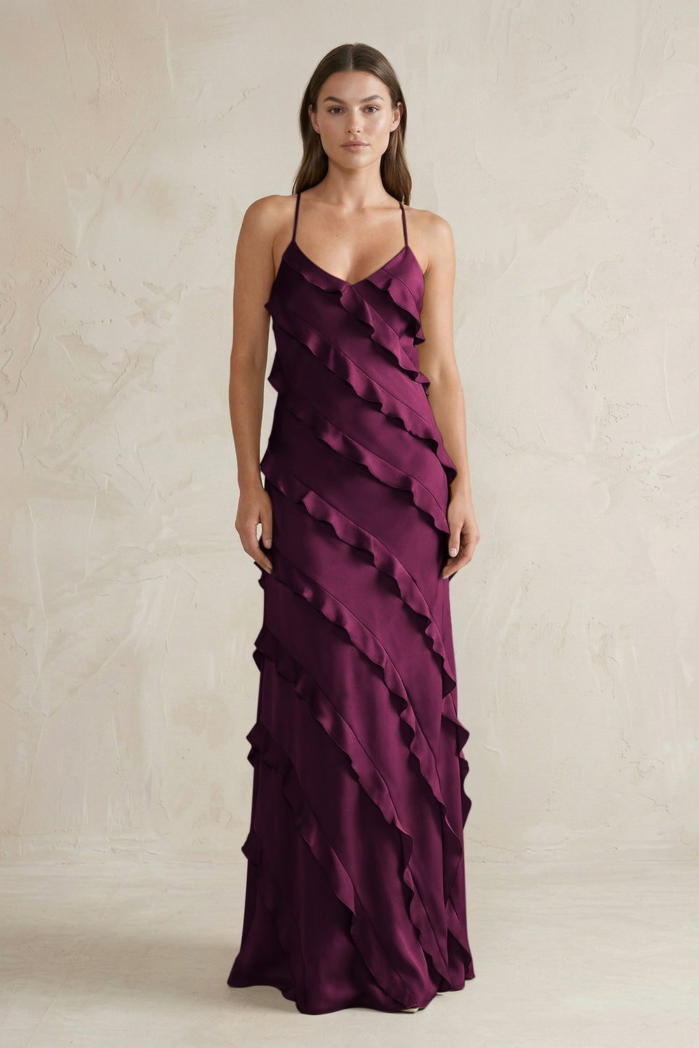 Spaghetti Straps Sheath Stain Ruffled Bridesmaid Dress in Sangria - KISS BRIDAL Bridesmaid Dresses