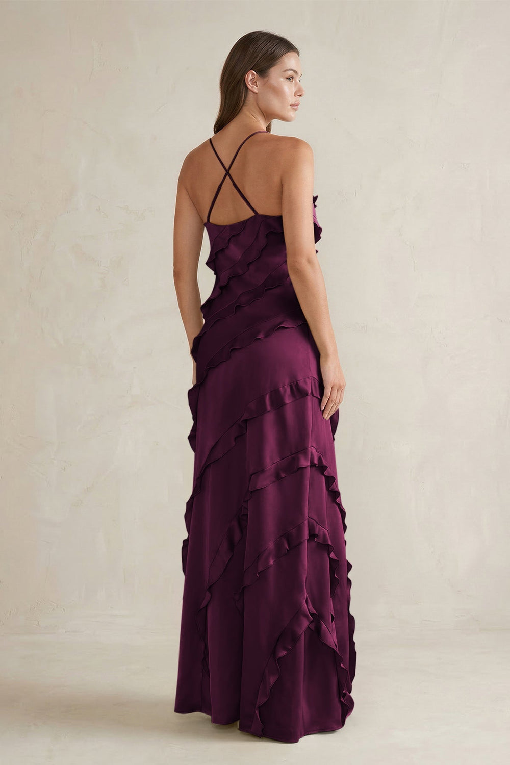 Spaghetti Straps Sheath Stain Ruffled Bridesmaid Dress in Sangria - KISS BRIDAL Bridesmaid Dresses