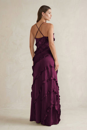 Spaghetti Straps Sheath Stain Ruffled Bridesmaid Dress in Sangria - KISS BRIDAL Bridesmaid Dresses