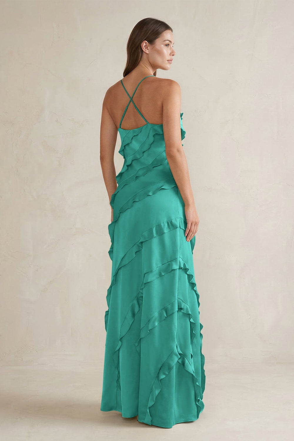 Spaghetti Straps Sheath Stain Ruffled Bridesmaid Dress in Sea Glass - KISS BRIDAL Bridesmaid Dresses