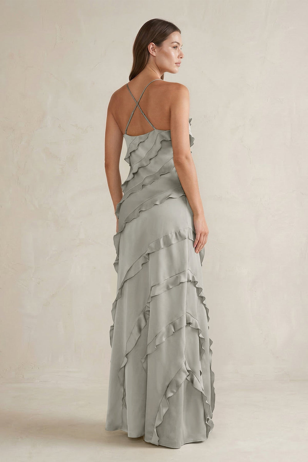Spaghetti Straps Sheath Stain Ruffled Bridesmaid Dress in Silver - KISS BRIDAL Bridesmaid Dresses