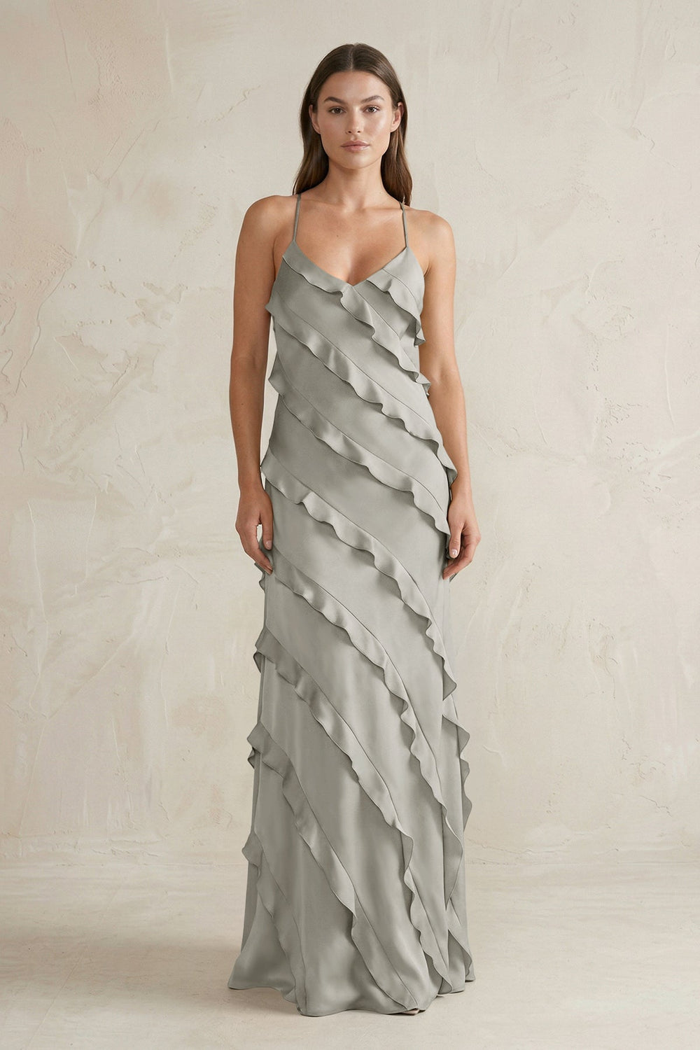 Spaghetti Straps Sheath Stain Ruffled Bridesmaid Dress in Silver - KISS BRIDAL Bridesmaid Dresses