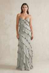 Spaghetti Straps Sheath Stain Ruffled Bridesmaid Dress in Silver - KISS BRIDAL Bridesmaid Dresses