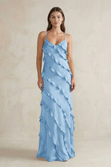 Spaghetti Straps Sheath Stain Ruffled Bridesmaid Dress in Sky Blue - KISS BRIDAL Bridesmaid Dresses