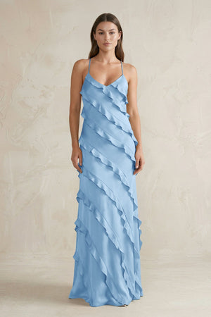 Spaghetti Straps Sheath Stain Ruffled Bridesmaid Dress in Sky Blue - KISS BRIDAL Bridesmaid Dresses
