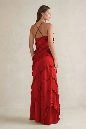 Spaghetti Straps Sheath Stain Ruffled Bridesmaid Dress in Spice - KISS BRIDAL Bridesmaid Dresses