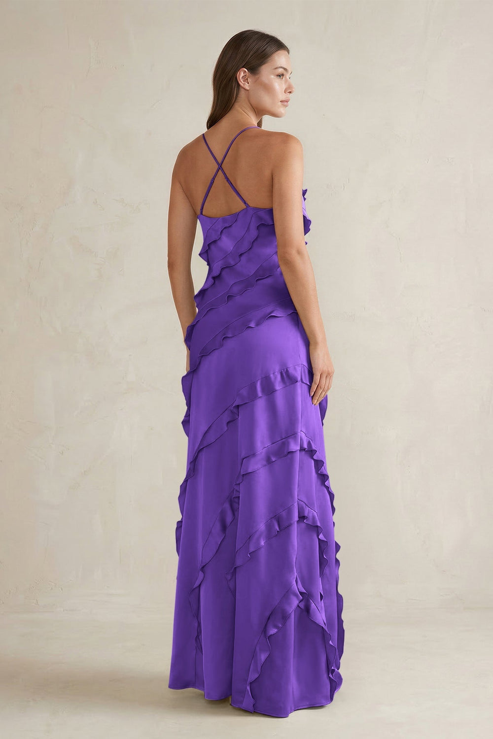 Spaghetti Straps Sheath Stain Ruffled Bridesmaid Dress in Tahiti - KISS BRIDAL Bridesmaid Dresses