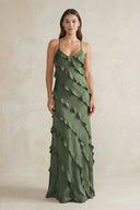 Spaghetti Straps Sheath Stain Ruffled Bridesmaid Dress in Thyme - KISS BRIDAL Bridesmaid Dresses