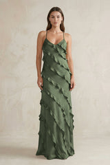 Spaghetti Straps Sheath Stain Ruffled Bridesmaid Dress in Thyme - KISS BRIDAL Bridesmaid Dresses